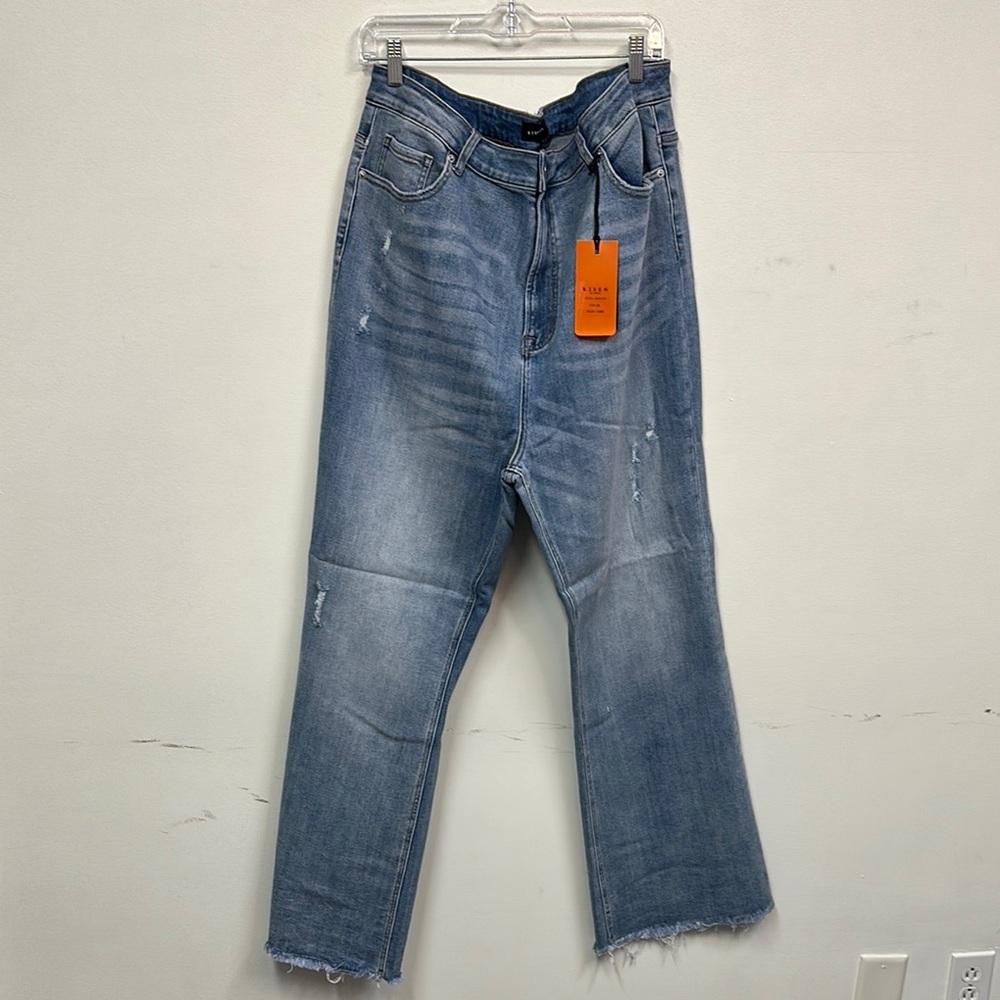 Risen high rise light vintage frayed hem bootcut jeans